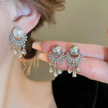 DAIIIBABYYY  -  Exquisite Pearl Crystal Tassel Drop Earrings for Women 2024 New Luxury Metal Geometric Temperament Earrings Aesthetic Jewelry